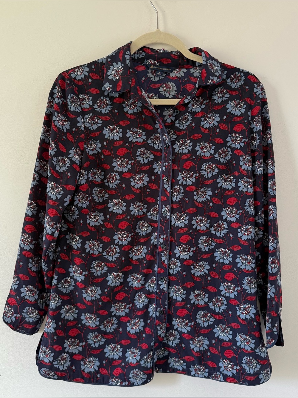 Brooks Brothers Navy Floral Blouse | Red & Blue Botanical Print Button Front Top